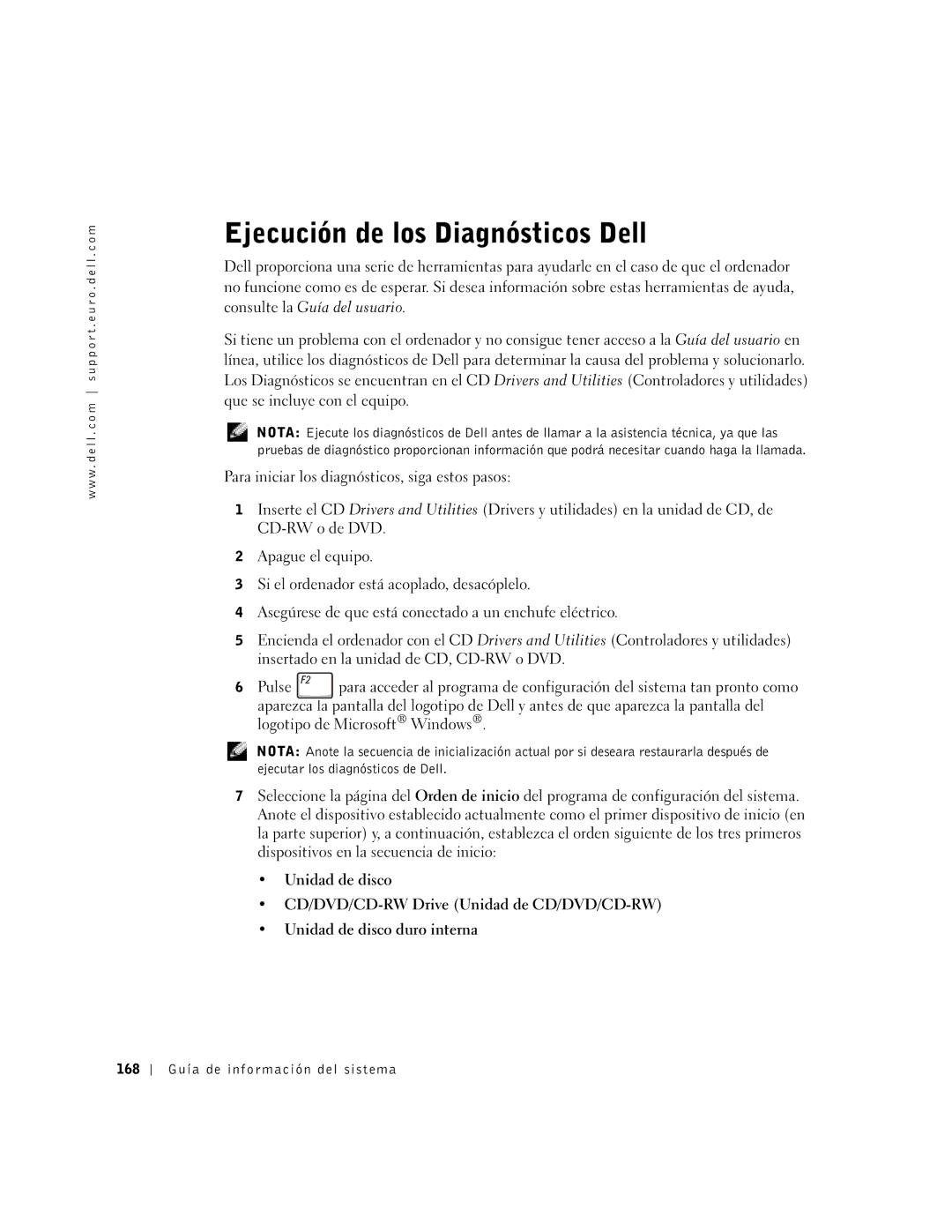 Dell C840 manual Ejecución de los Diagnósticos Dell, 168 Guía de información del sistema 