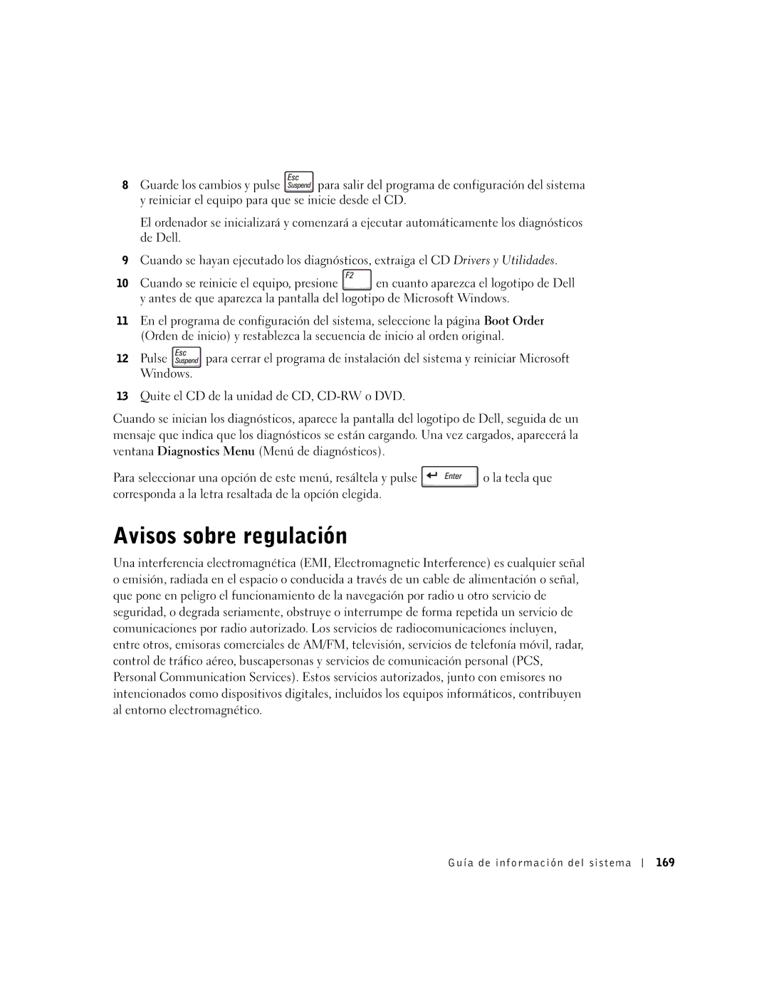 Dell C840 manual Avisos sobre regulación, Guía de información del sistema 169 