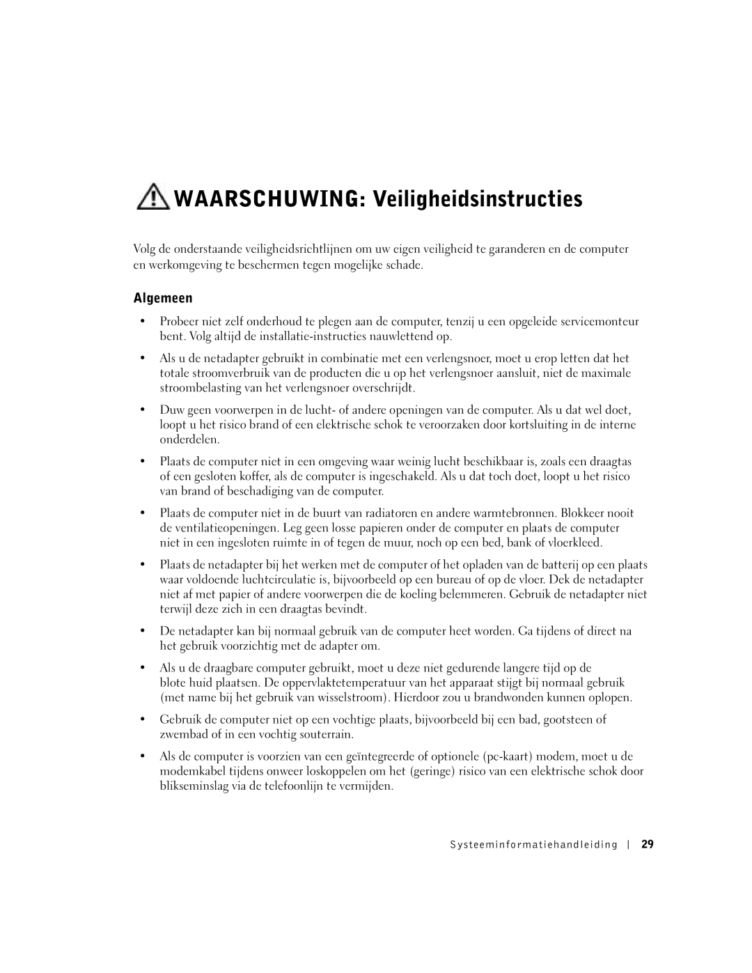 Dell C840 manual Waarschuwing Veiligheidsinstructies, Algemeen, Systeeminfor matiehandleiding 