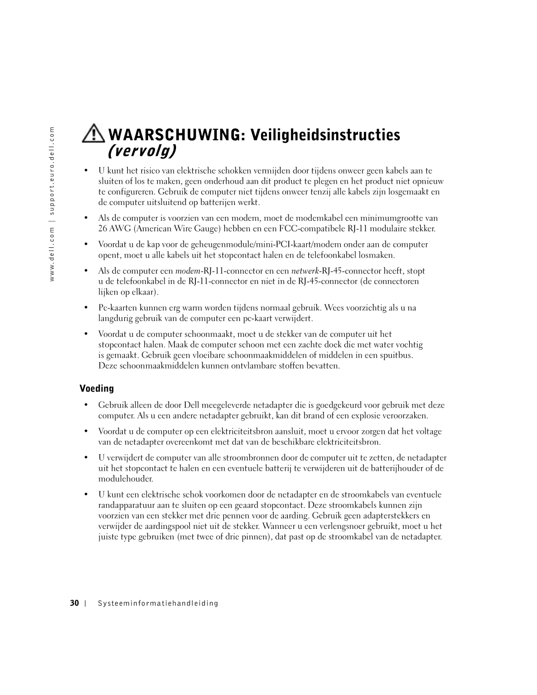 Dell C840 manual Waarschuwing Veiligheidsinstructies Vervolg, Voeding, Systeeminformatiehandleiding 