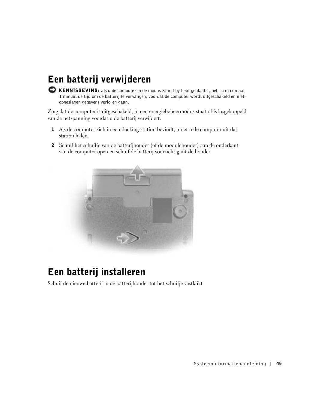 Dell C840 manual Een batterij verwijderen, Een batterij installeren 