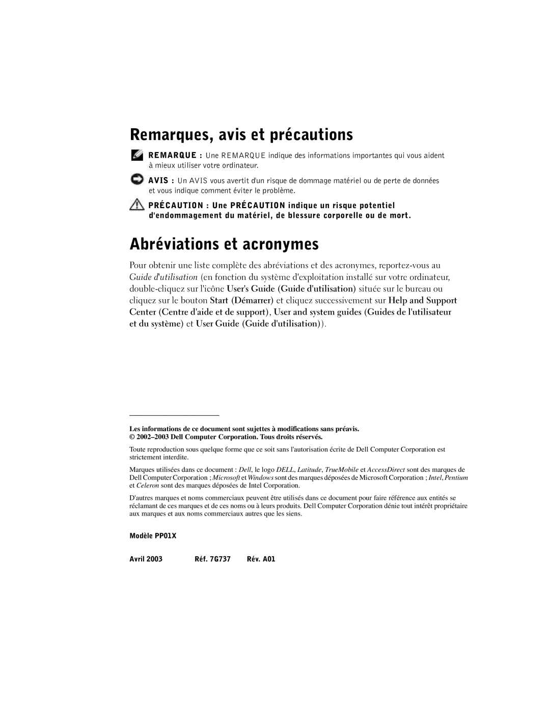 Dell C840 manual Remarques, avis et précautions, Abréviations et acronymes 