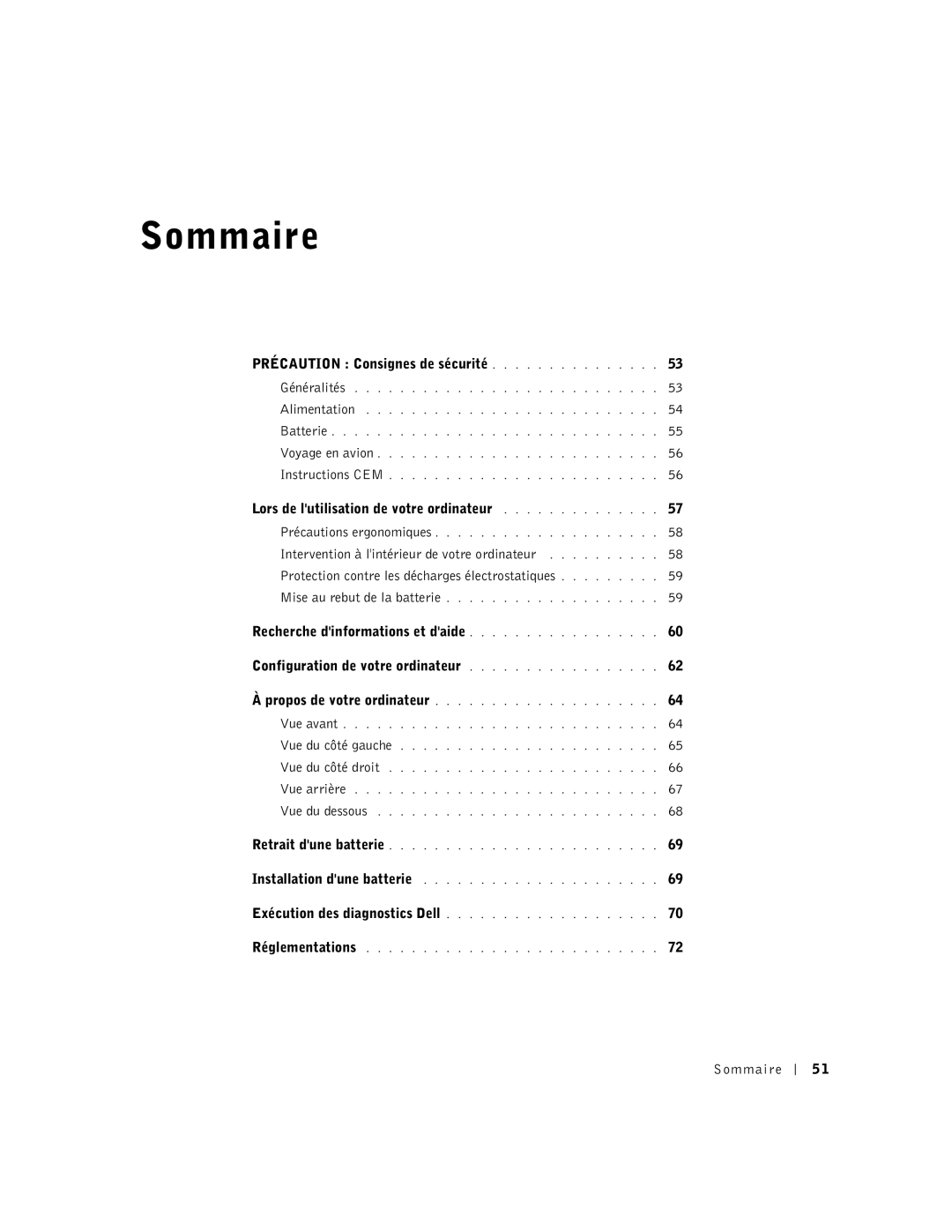 Dell C840 manual Précaution Consignes de sécurité, Lors de lutilisation de votre ordinateur, Sommaire 