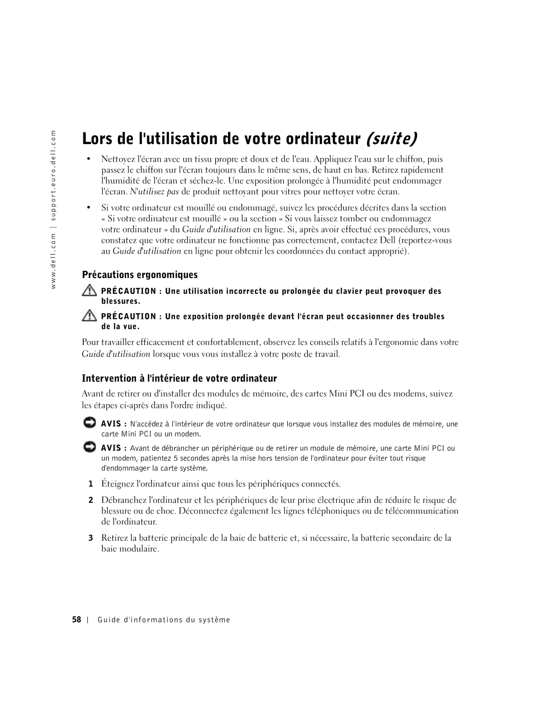 Dell C840 manual Lors de lutilisation de votre ordinateur suite, Précautions ergonomiques 