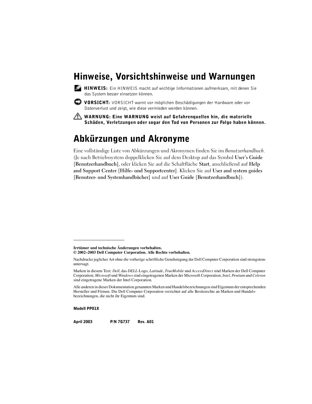 Dell C840 manual Hinweise, Vorsichtshinweise und Warnungen, Abkürzungen und Akronyme 