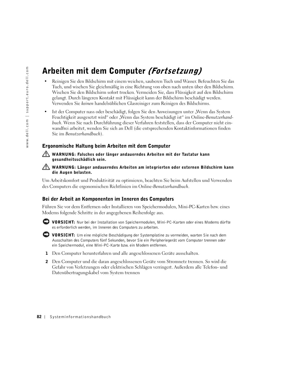 Dell C840 manual Arbeiten mit dem Computer Fortsetzung, Ergonomische Haltung beim Arbeiten mit dem Computer 