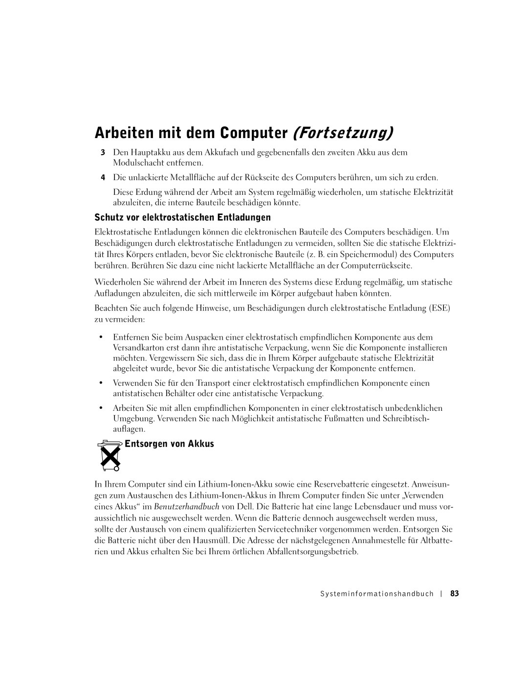 Dell C840 manual Schutz vor elektrostatischen Entladungen, Entsorgen von Akkus 