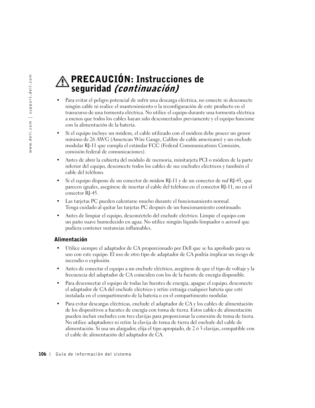 Dell C840 manual Precaución Instrucciones de seguridad continuación, Alimentación 