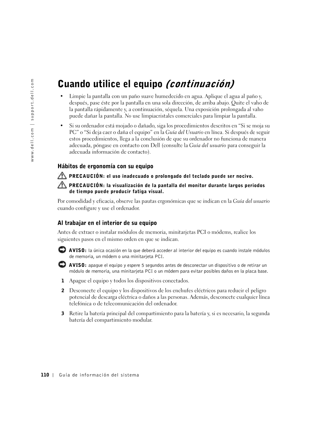 Dell C840 manual Cuando utilice el equipo continuación, Hábitos de ergonomía con su equipo 