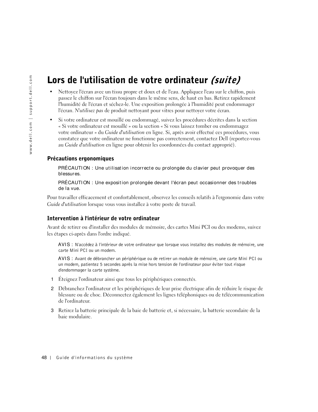 Dell C840 manual Lors de lutilisation de votre ordinateur suite, Précautions ergonomiques 