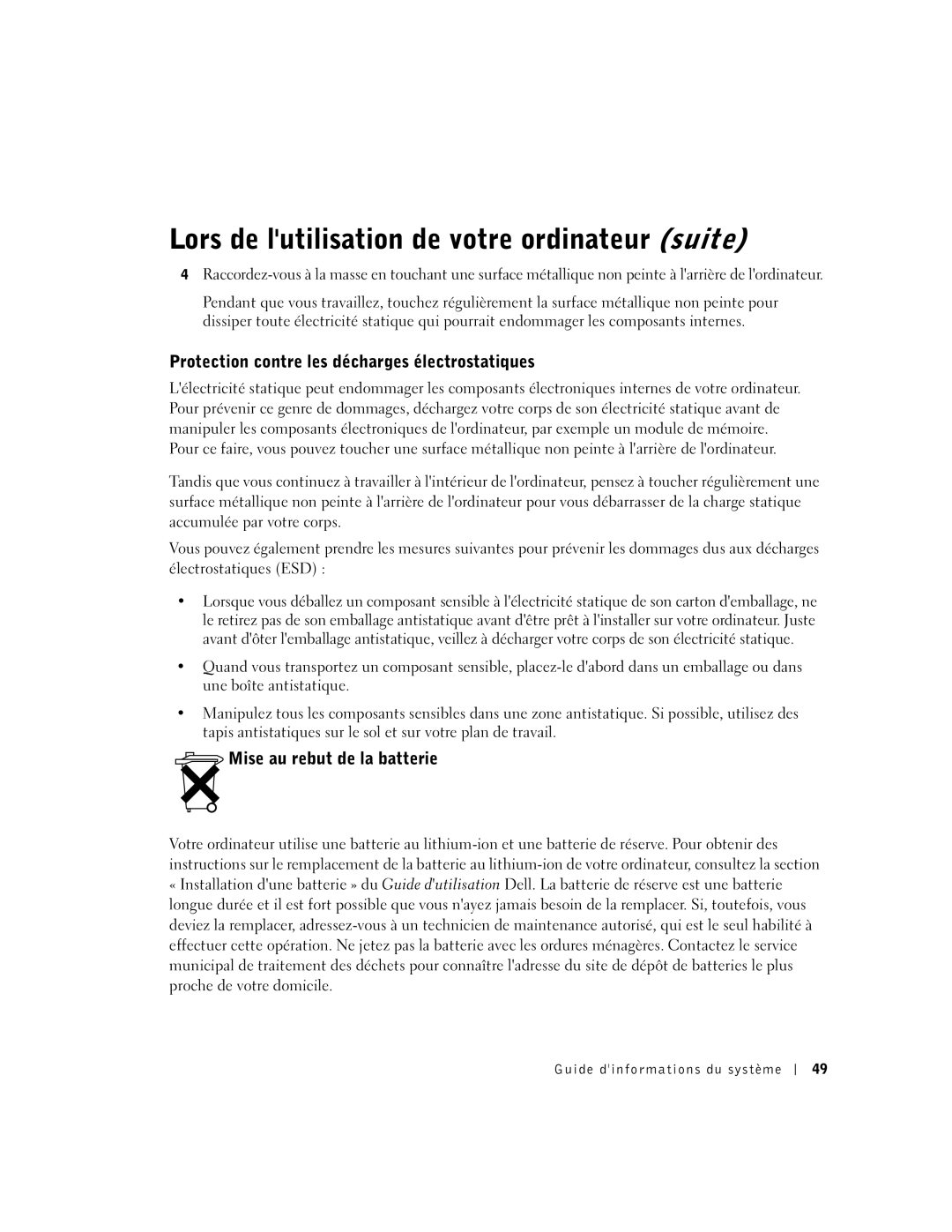 Dell C840 manual Protection contre les décharges électrostatiques, Mise au rebut de la batterie 