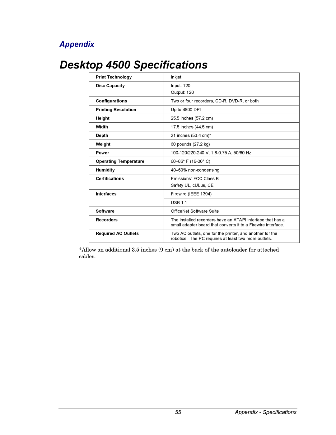 Dell CDPR3 manual Desktop 4500 Specifications, Recorders 