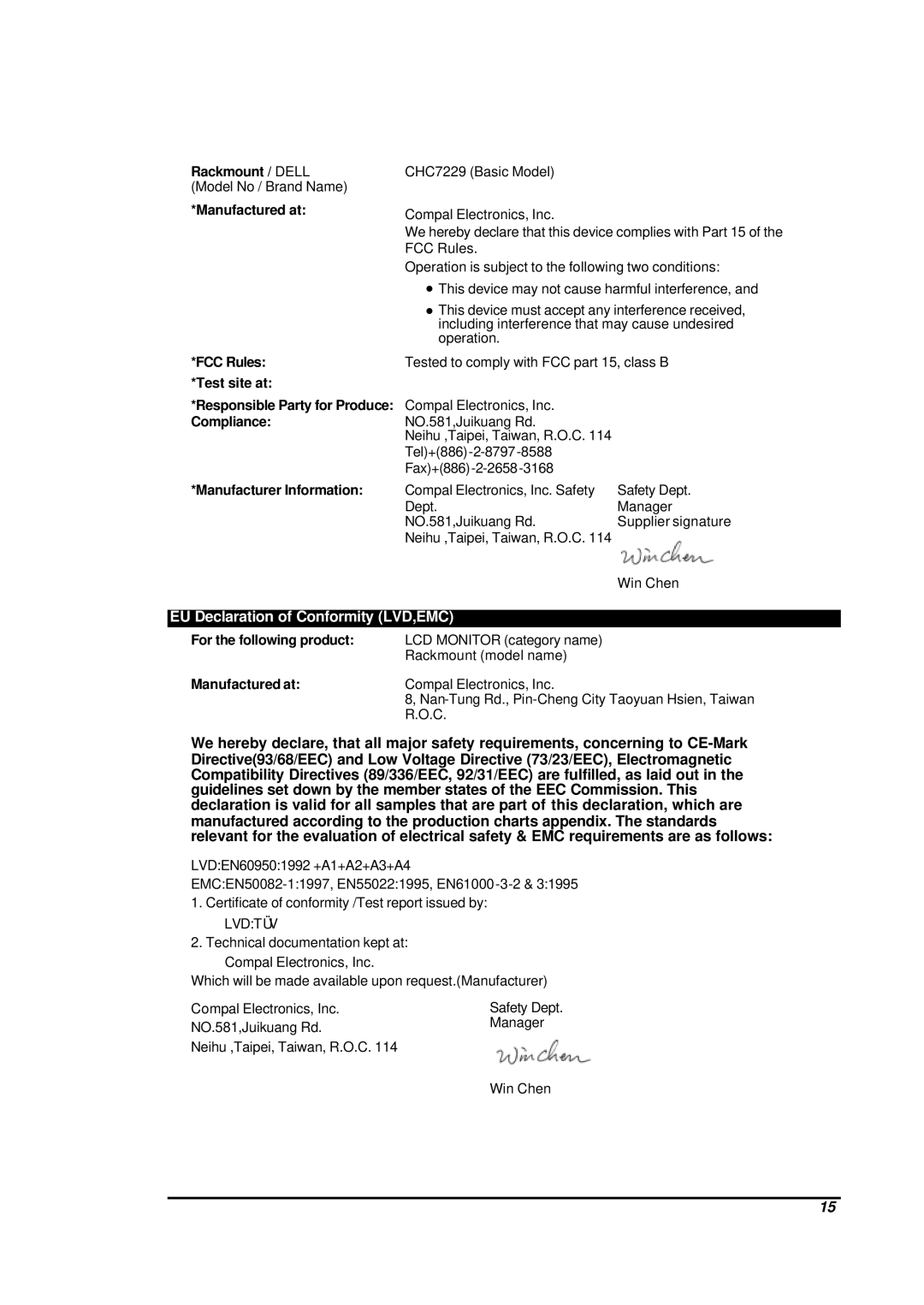 Dell CHC7229 manual EU Declaration of Conformity LVD,EMC 