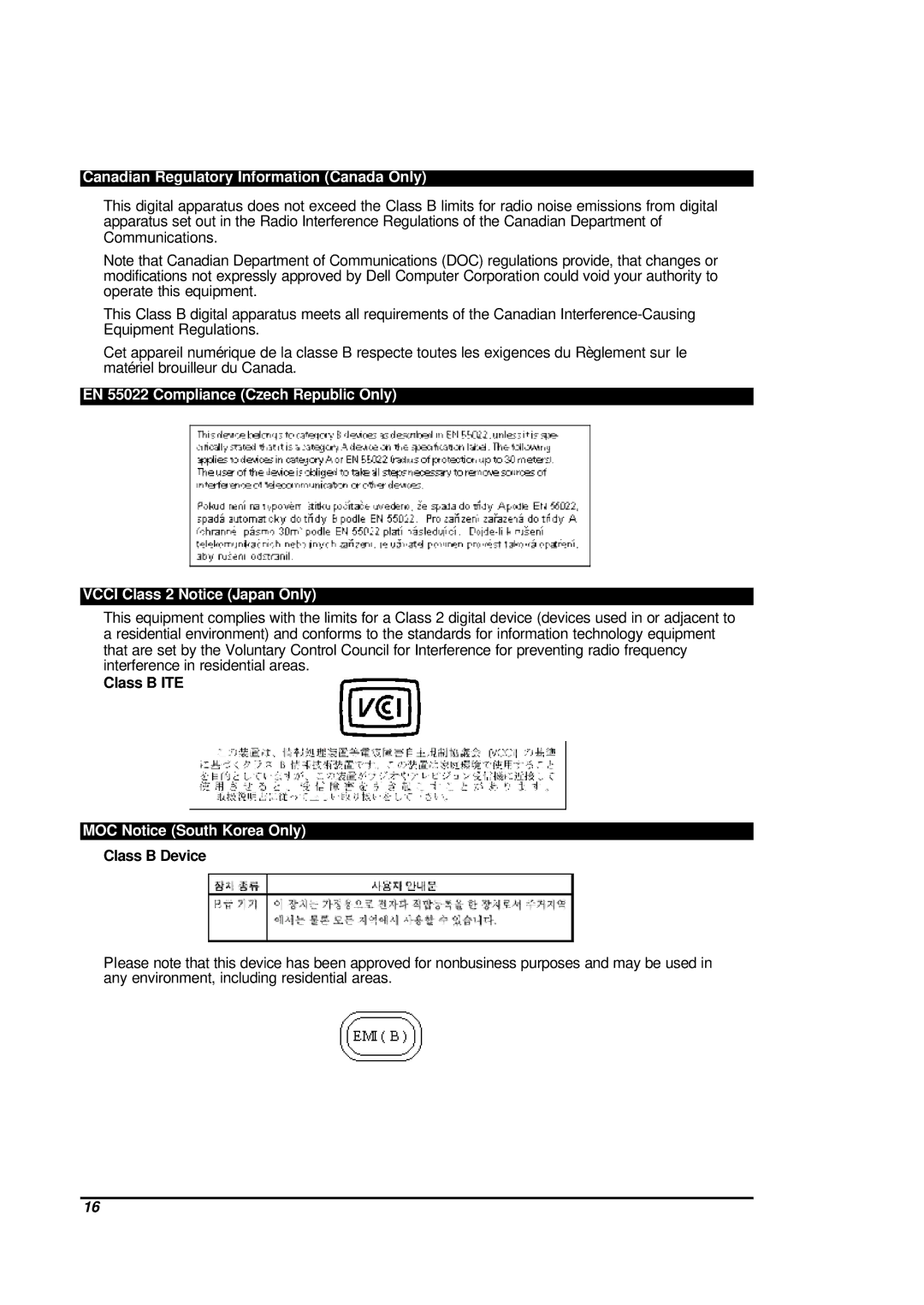 Dell CHC7229 manual Canadian Regulatory Information Canada Only, Class B ITE, MOC Notice South Korea Only, Class B Device 