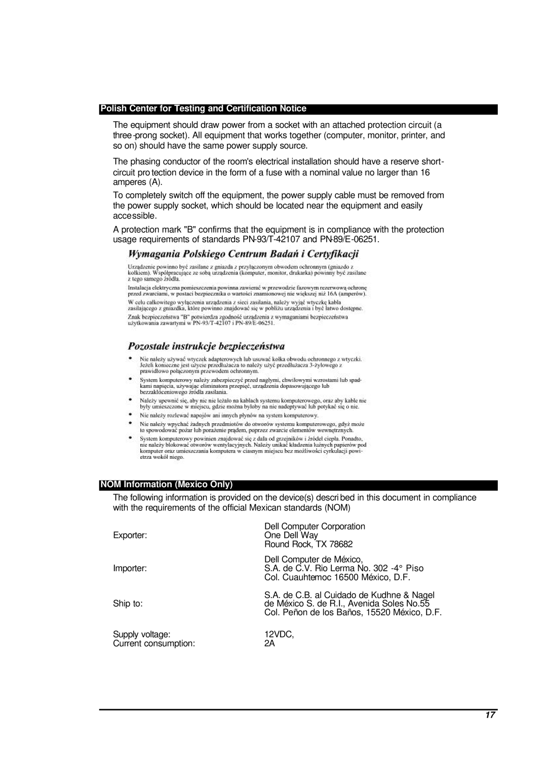 Dell CHC7229 manual Polish Center for Testing and Certification Notice, NOM Information Mexico Only 