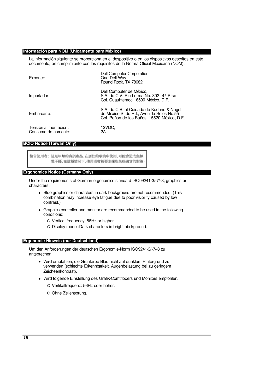 Dell CHC7229 manual Información para NOM Únicamente para México, Bciq Notice Taiwan Only Ergonomics Notice Germany Only 