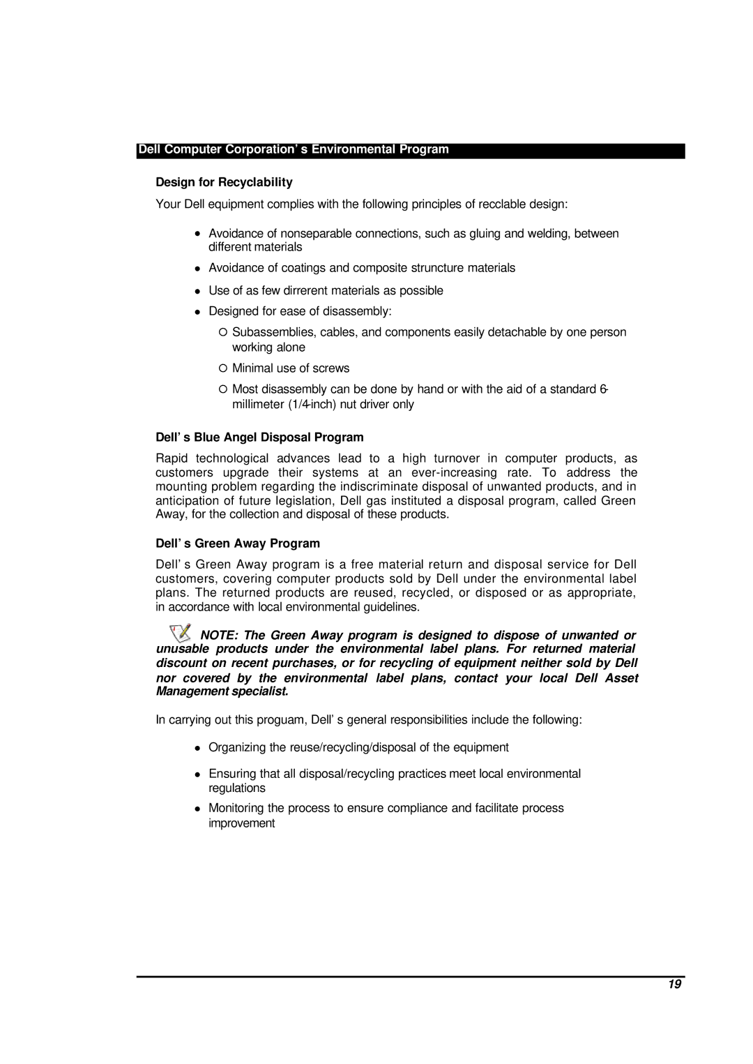 Dell CHC7229 manual Dell Computer Corporation’s Environmental Program, Design for Recyclability, Dell’s Green Away Program 