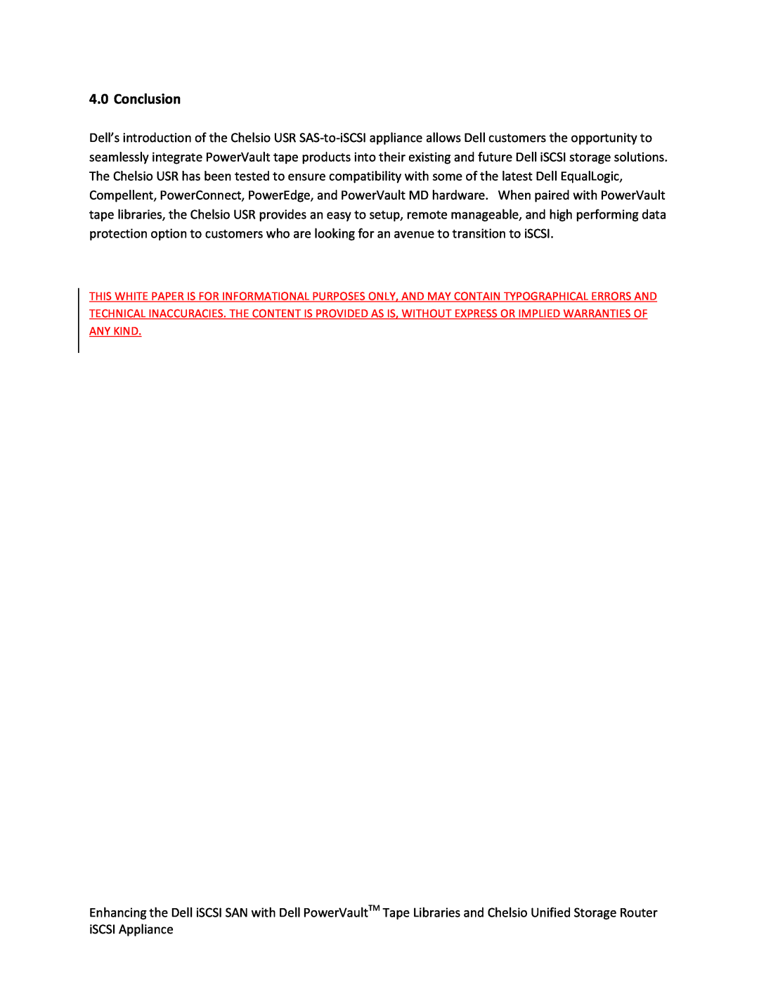 Dell Chelsio USR SAS-to-iSCSI Appliance manual Conclusion 