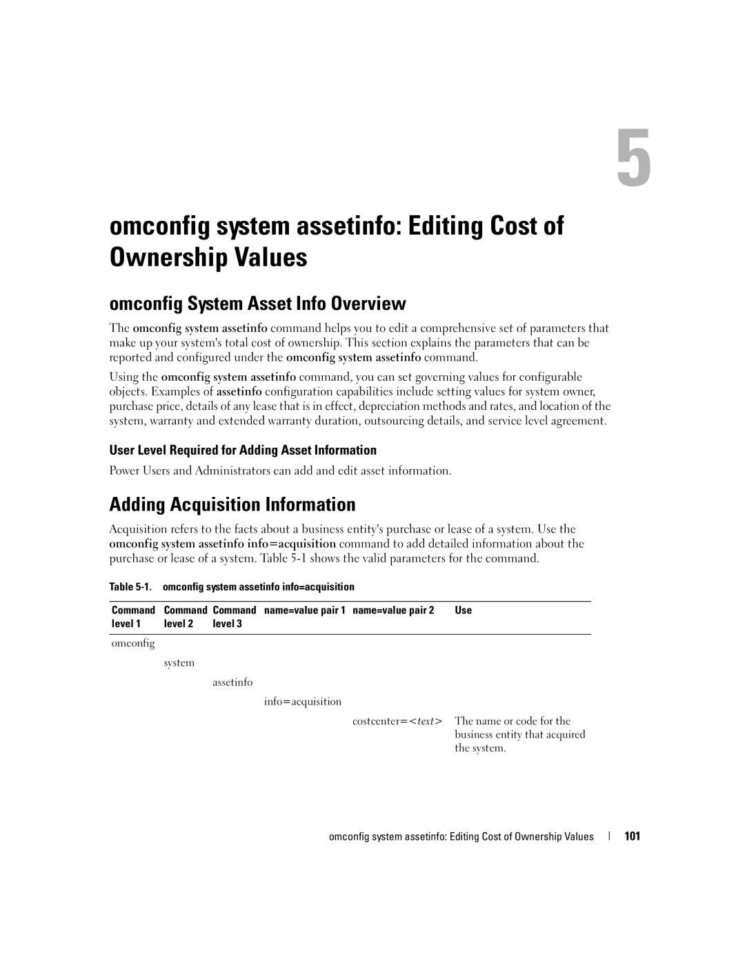 Dell Command Line Interface manual Omconfig System Asset Info Overview, Adding Acquisition Information, 101 