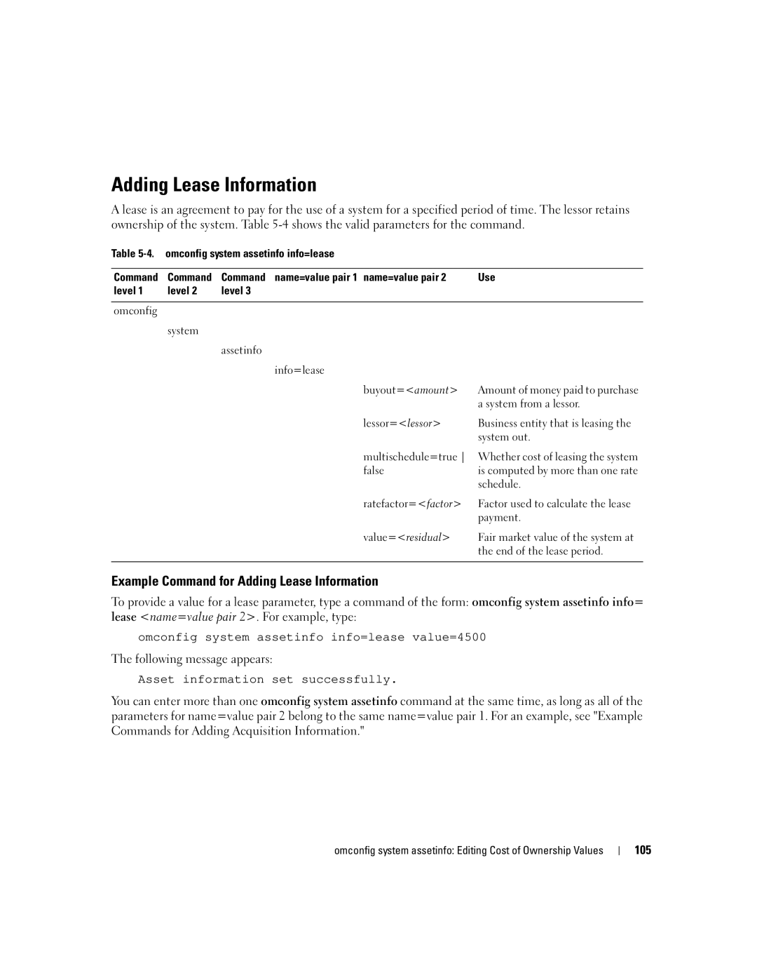 Dell Command Line Interface manual Example Command for Adding Lease Information, 105 