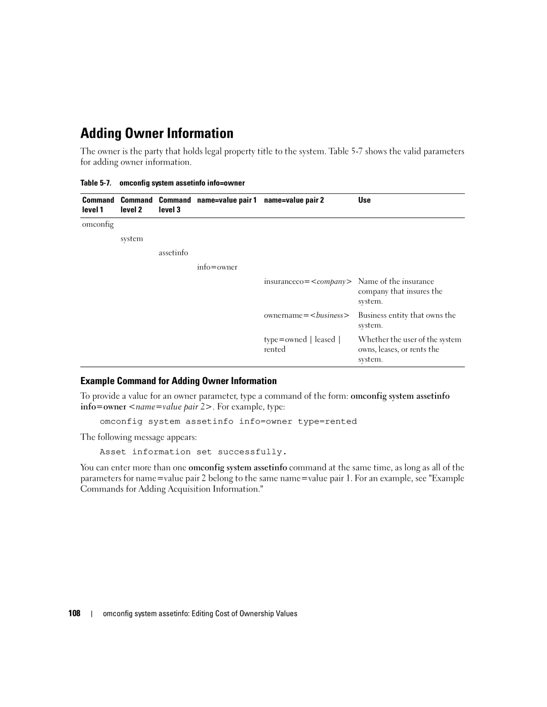 Dell Command Line Interface manual Example Command for Adding Owner Information, 108 