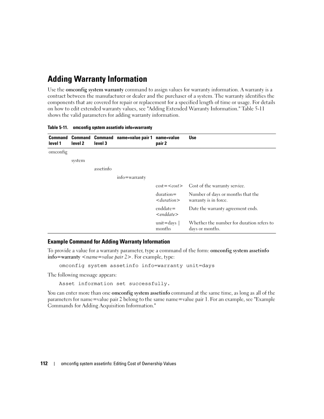 Dell Command Line Interface manual Example Command for Adding Warranty Information, 112 