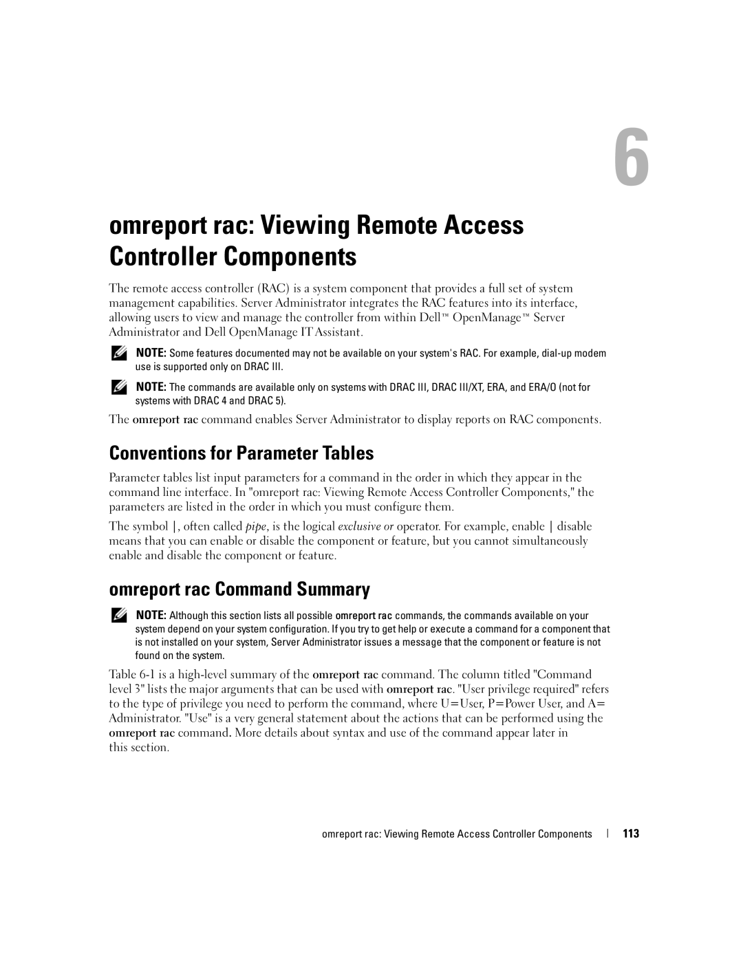 Dell Command Line Interface manual Omreport rac Command Summary, 113 