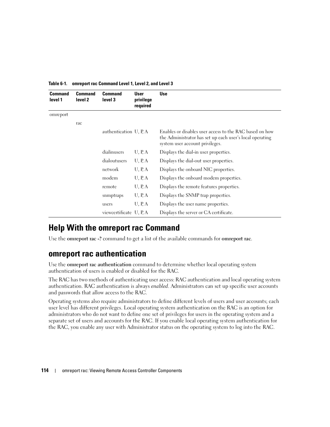 Dell Command Line Interface manual Help With the omreport rac Command, Omreport rac authentication, 114 