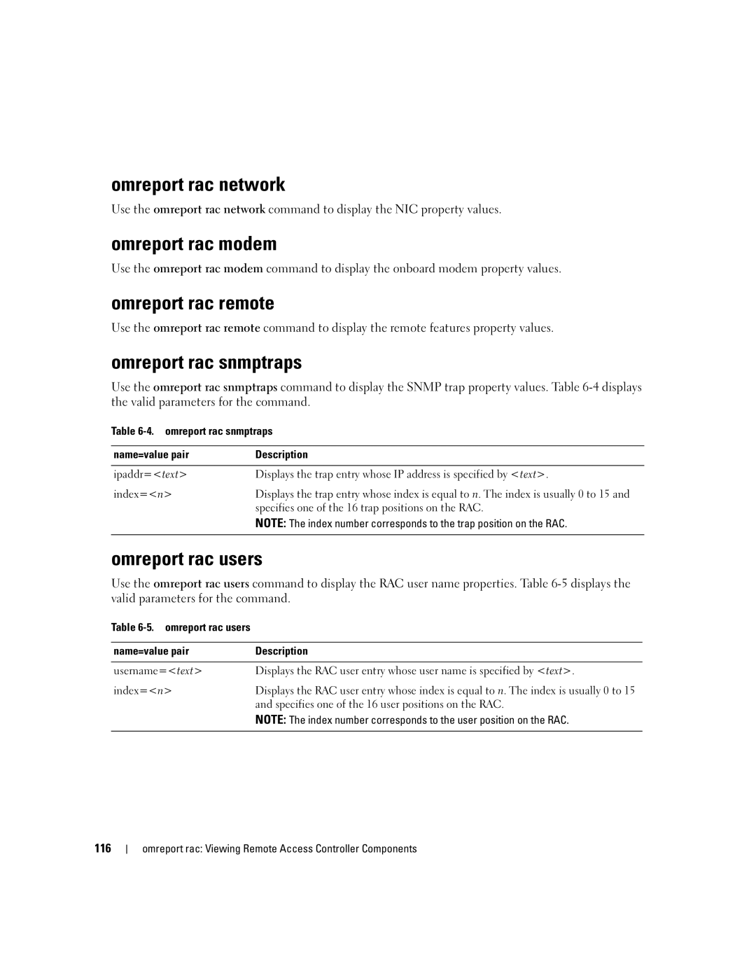 Dell Command Line Interface manual Omreport rac network, Omreport rac modem, Omreport rac remote, Omreport rac snmptraps 