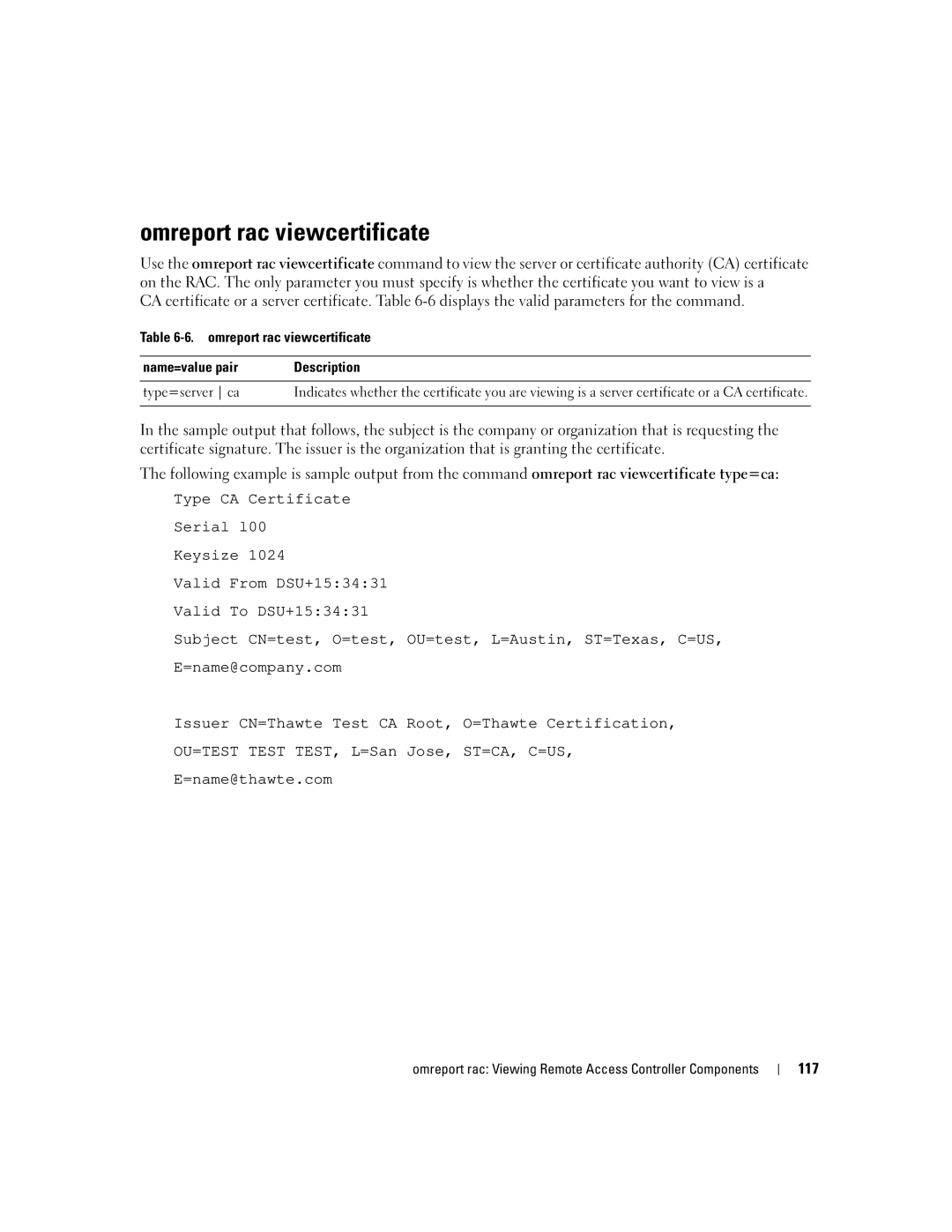 Dell Command Line Interface manual Omreport rac viewcertificate, 117 