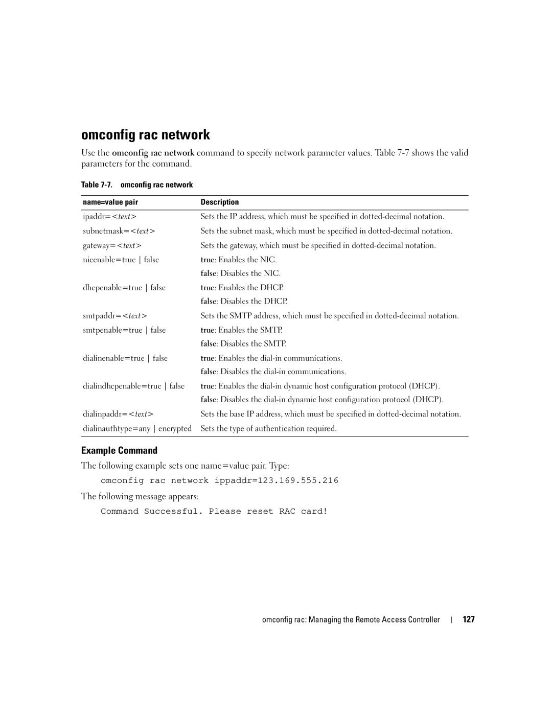 Dell Command Line Interface manual Omconfig rac network, Example Command, 127 