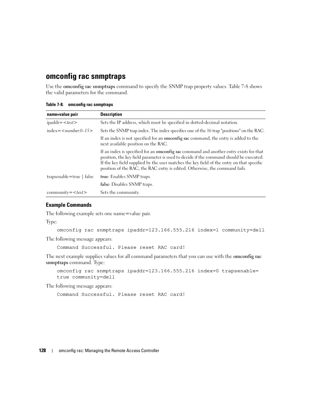 Dell Command Line Interface manual Omconfig rac snmptraps, 128 