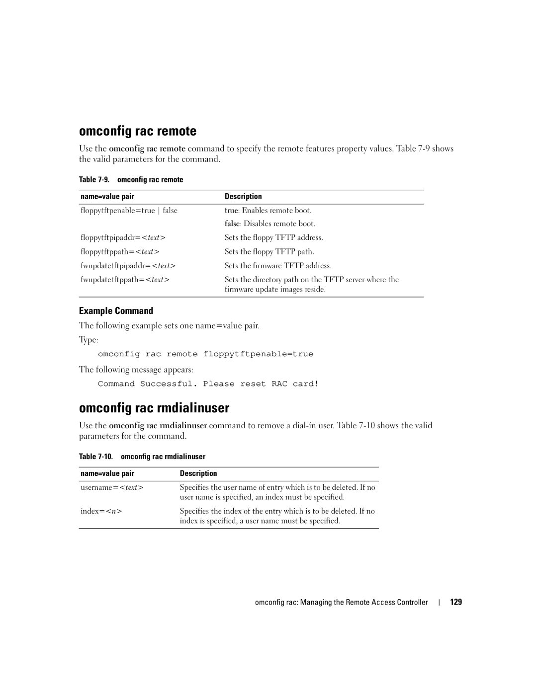 Dell Command Line Interface manual Omconfig rac remote, Omconfig rac rmdialinuser, 129 