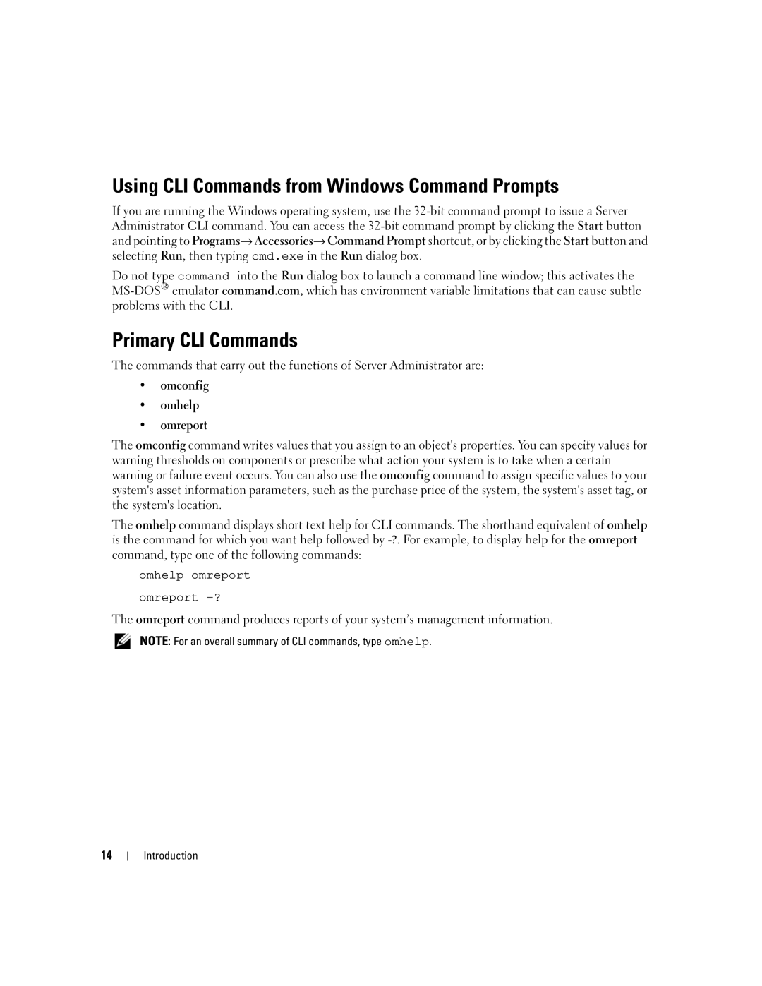 Dell Command Line Interface manual Using CLI Commands from Windows Command Prompts, Primary CLI Commands 