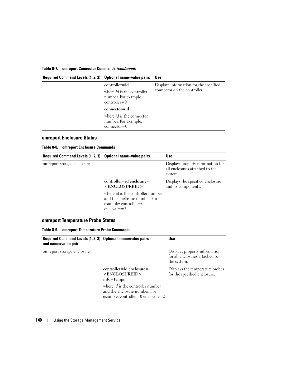 Dell Command Line Interface manual Omreport Enclosure Status, Omreport Temperature Probe Status, 140 