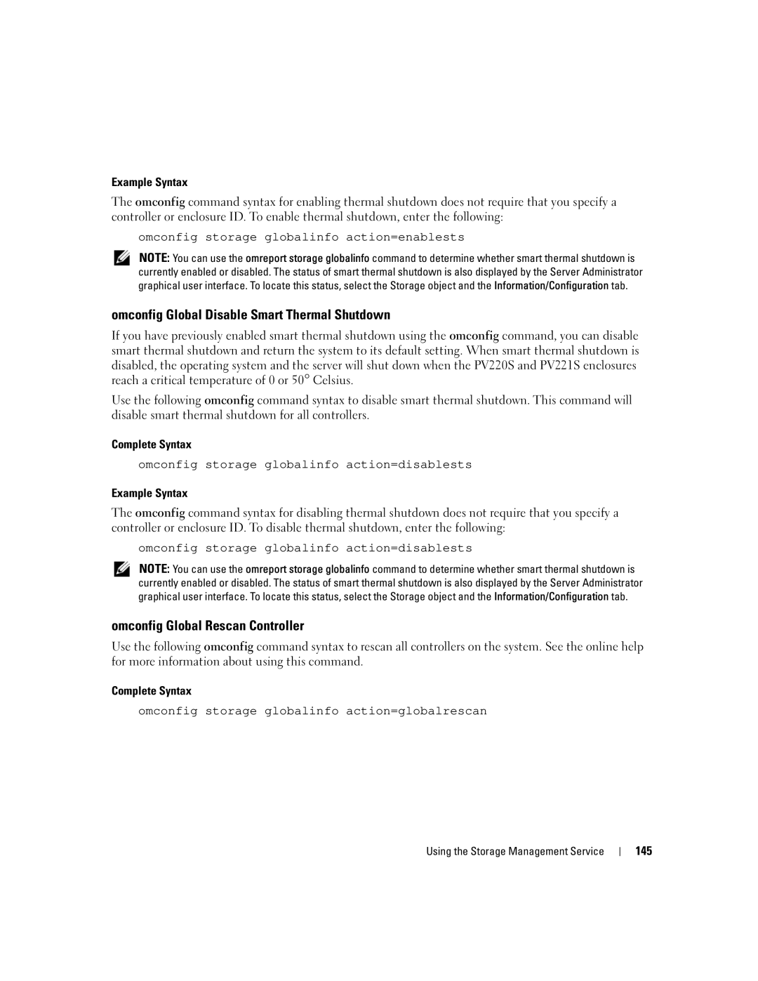 Dell Command Line Interface manual Omconfig Global Disable Smart Thermal Shutdown, Omconfig Global Rescan Controller, 145 