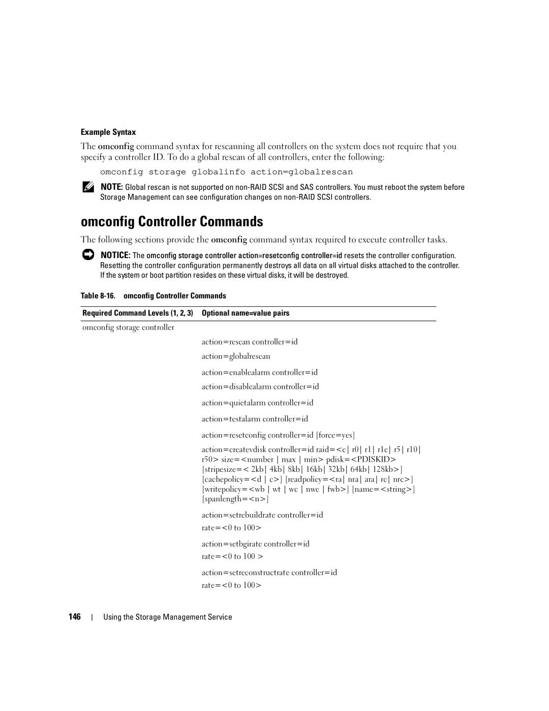 Dell Command Line Interface manual Omconfig Controller Commands, 146 