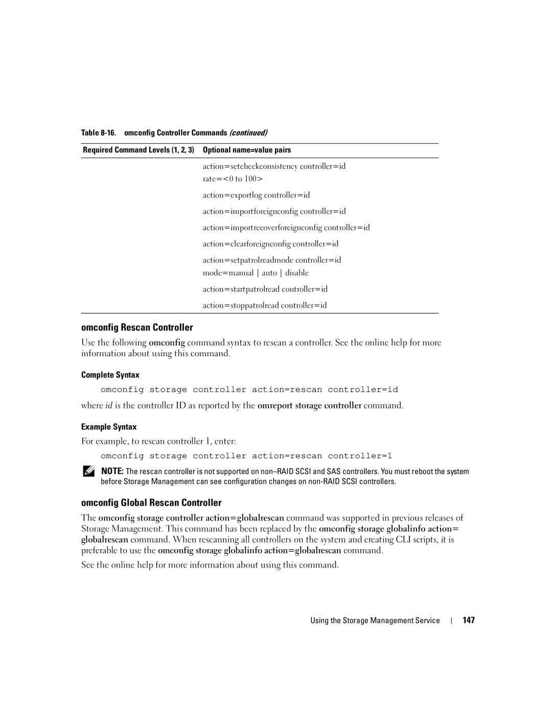 Dell Command Line Interface manual Omconfig Rescan Controller, 147 