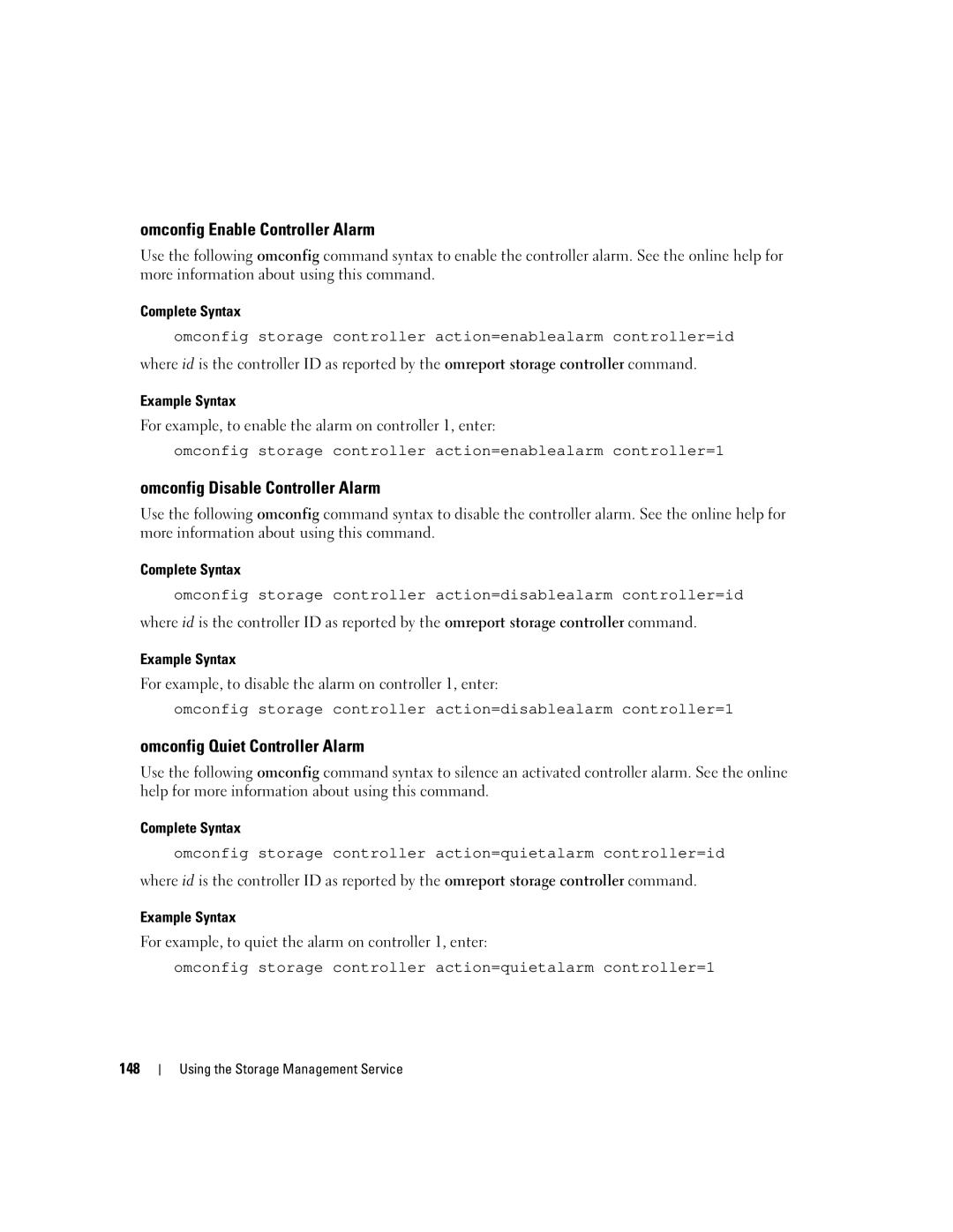 Dell Command Line Interface manual Omconfig Enable Controller Alarm, Omconfig Disable Controller Alarm, 148 