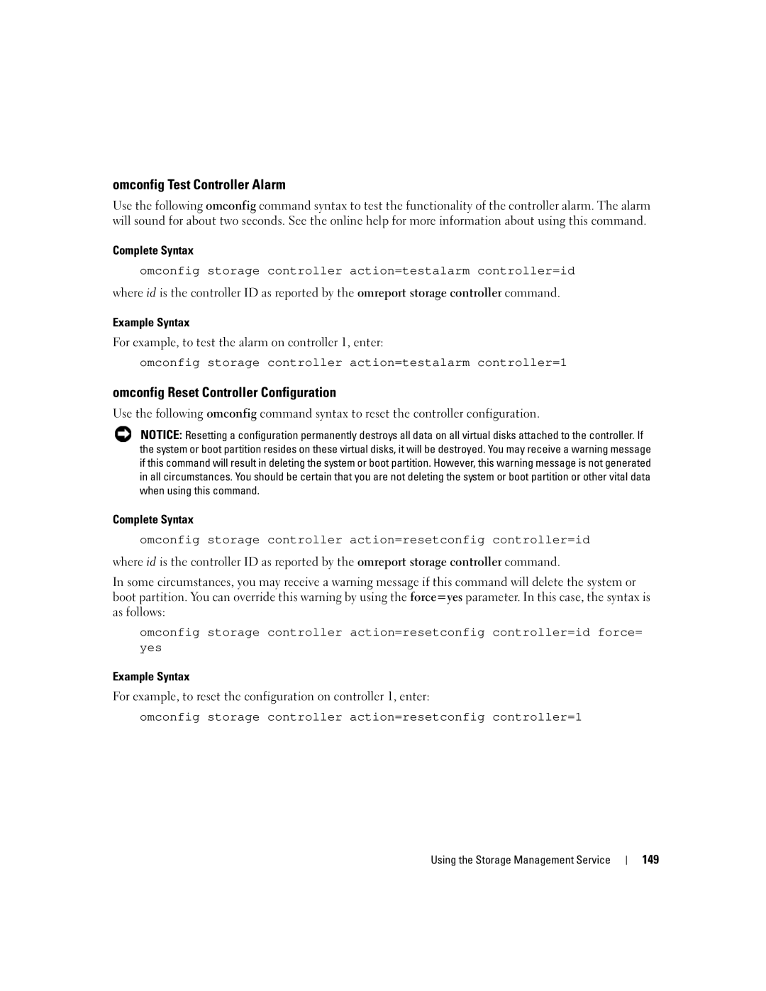 Dell Command Line Interface manual Omconfig Test Controller Alarm, Omconfig Reset Controller Configuration, 149 