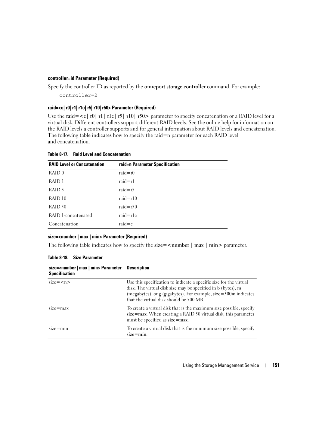 Dell Command Line Interface manual Controller=id Parameter Required, Raid=c r0 r1 r1c r5 r10 r50 Parameter Required, 151 