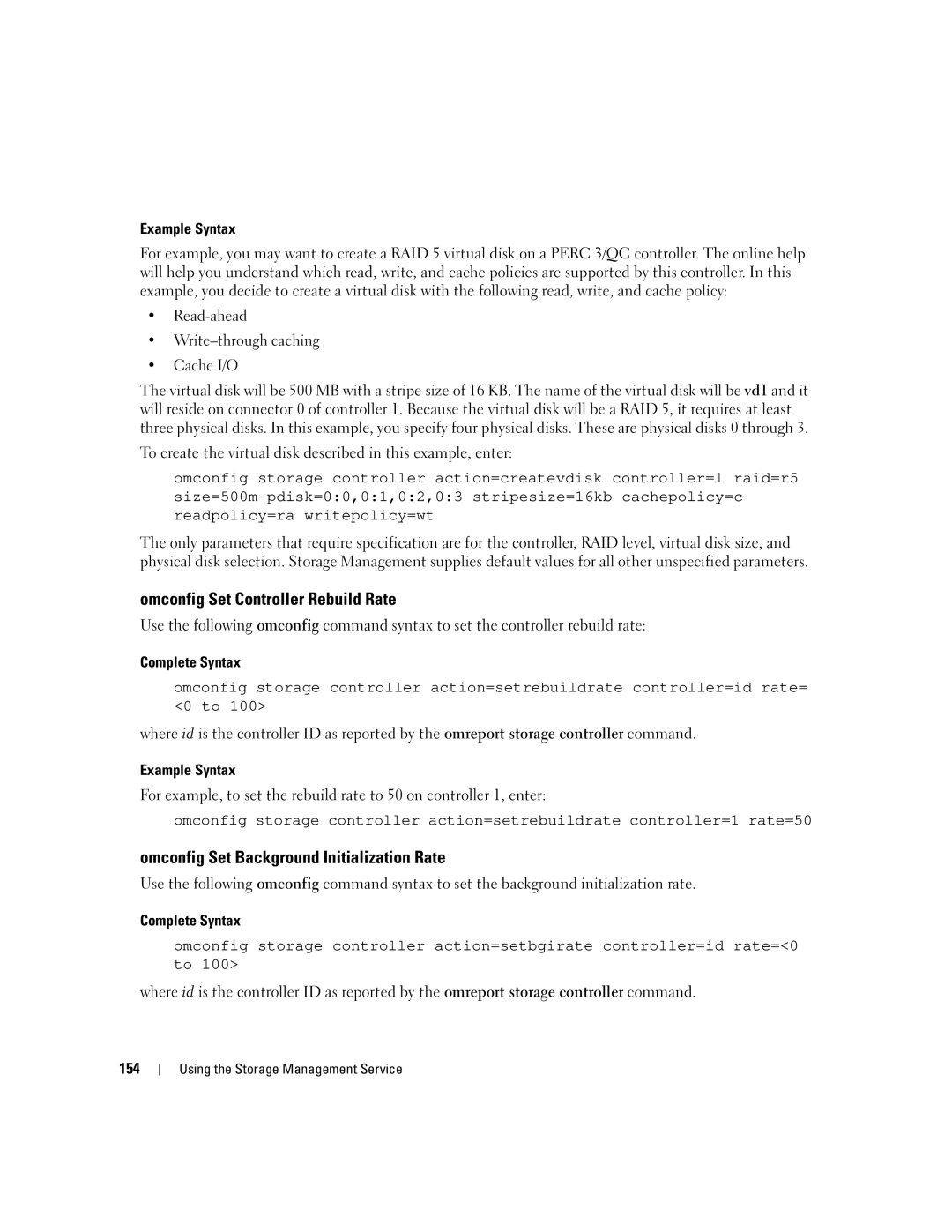 Dell Command Line Interface manual Omconfig Set Controller Rebuild Rate, Omconfig Set Background Initialization Rate, 154 