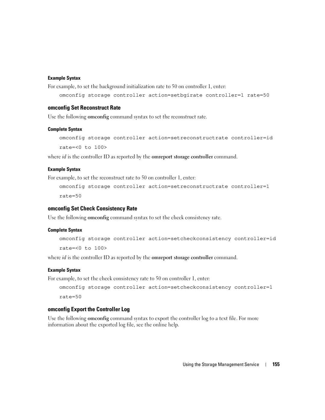 Dell Command Line Interface manual Omconfig Set Reconstruct Rate, Omconfig Set Check Consistency Rate, 155 