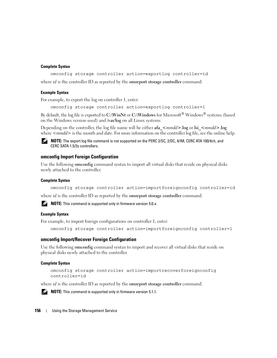 Dell Command Line Interface Omconfig Import Foreign Configuration, Omconfig Import/Recover Foreign Configuration, 156 