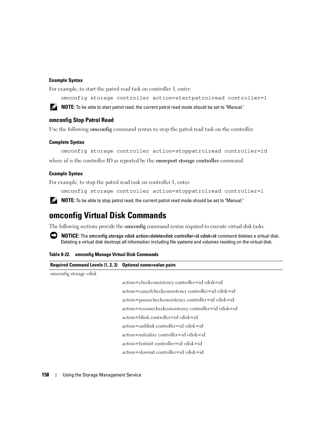 Dell Command Line Interface manual Omconfig Virtual Disk Commands, Omconfig Stop Patrol Read, 158 