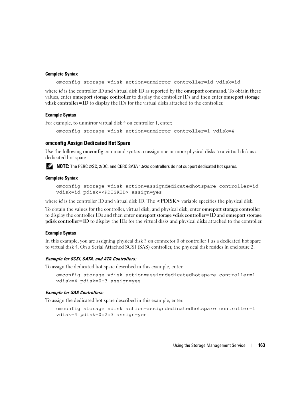 Dell Command Line Interface manual Omconfig Assign Dedicated Hot Spare, 163, Example for SCSI, SATA, and ATA Controllers 