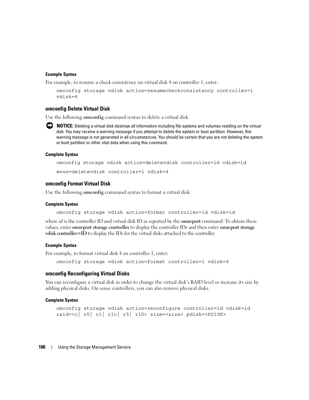 Dell Command Line Interface manual Omconfig Delete Virtual Disk, Omconfig Format Virtual Disk, 166 