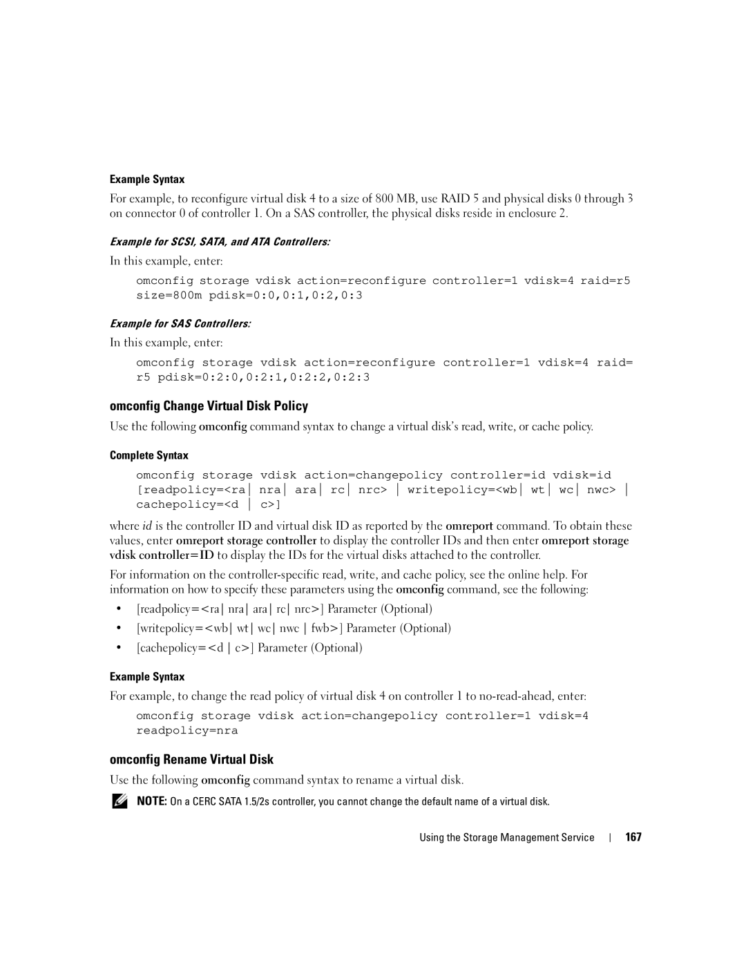 Dell Command Line Interface manual Omconfig Change Virtual Disk Policy, Omconfig Rename Virtual Disk, 167 