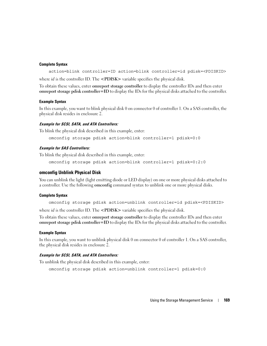 Dell Command Line Interface manual Omconfig Unblink Physical Disk, 169 