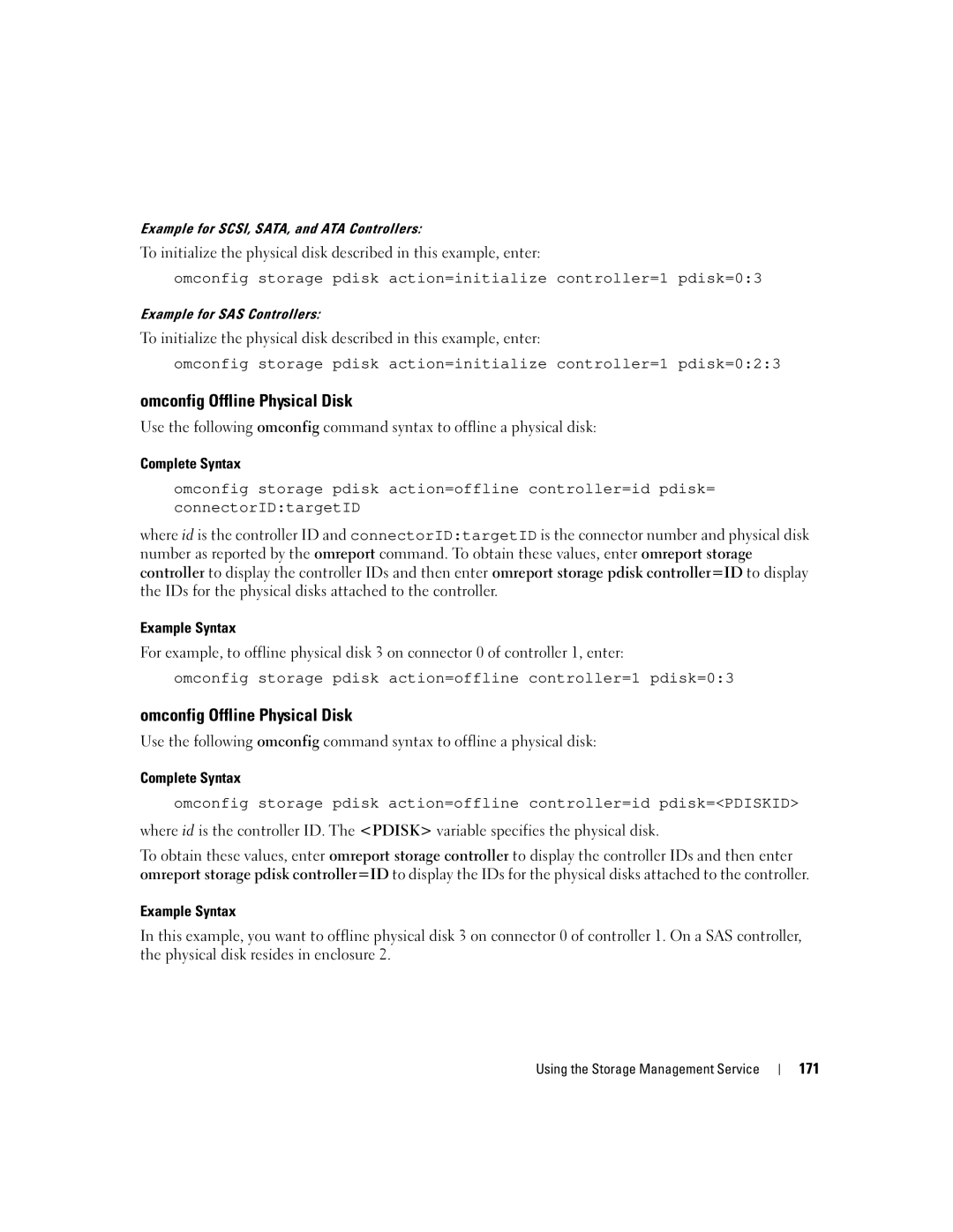 Dell Command Line Interface manual Omconfig Offline Physical Disk, 171 